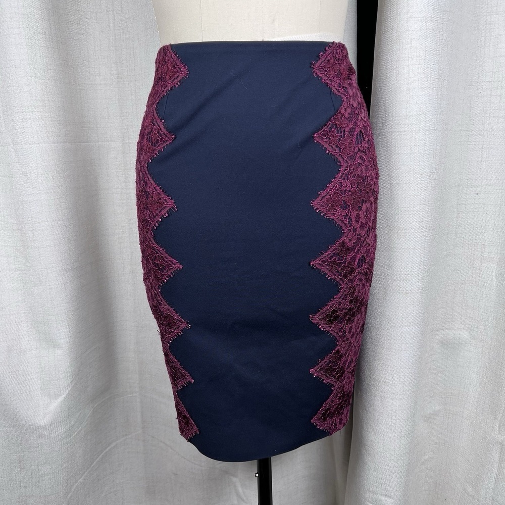 Ted Baker Queeny Scallop Lace Edge Navy Blue Burgundy Pencil Skirt 1 US 4 Small
